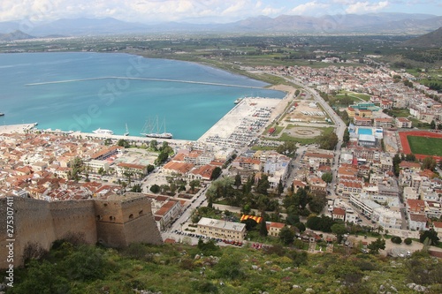 Top-down view from Palamidi Castle, built in 1714. View of Nafplio and the Argolic Gulf. Peloponnese, Greece, southeast Europe.