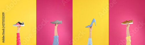 Woman holding sportive shoe on yellow background, closeup. Space for text