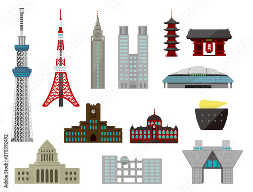 Tokyo landmark buildings (tower, temple etc.) flat vector illustration set.