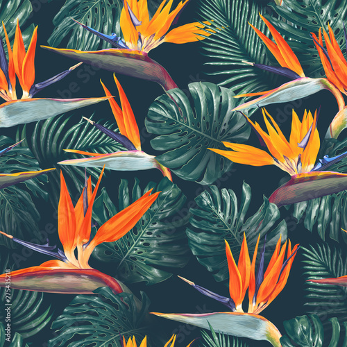 Seamless pattern with tropical flowers and leaves. Strelitzia flowers, Monstera and Palm leaves. Realistic style, hand drawn, vector. Background for prints, fabric, wallpapers, poster, wrapping paper.