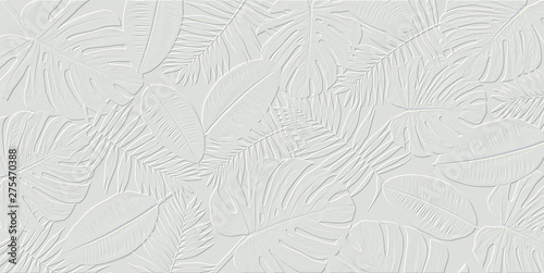 Horizontal artwork composition of trendy tropical green leaves - monstera, palm and ficus elastica isolated on white background (computer rendered).