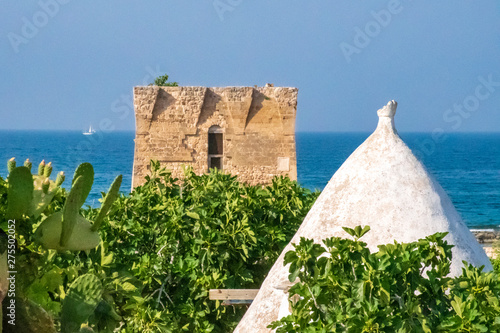 Baroque watchtower, beautiful old tower in San Vito, Polignano a Mare, Bari, Puglia, Italy with blue sea, boat,, cactus, fig trees and trullo, Mediterranean landscape