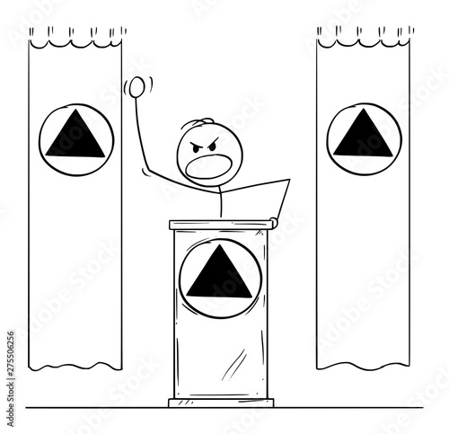 Vector cartoon stick figure drawing conceptual illustration of rude aggressive man or dictator speaking or having speech to public or followers on podium or behind lectern. Flags and symbols are