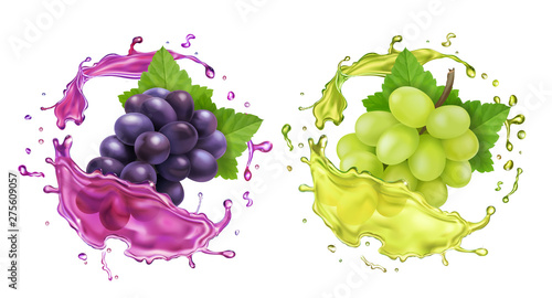 Red and white wine grapes and juice splash. Realistic vector icon set