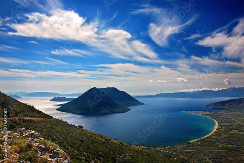 Panoramic view of the bay of Mytikas (Xiromero, Aitoloakarnania, Greece) from the ancient fort of Kastri. You can see several islands of the Ionian sea.
