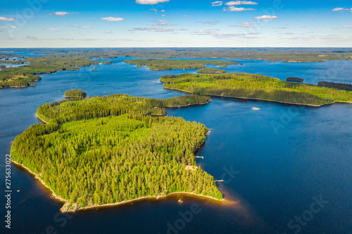 Aerial landscape of islands, lakes and forest in Imatra city. Lammassalmi lake. Finland 