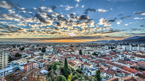 Beautiful city panorama in cloudy dawn, Schio, Vicenza, Italy