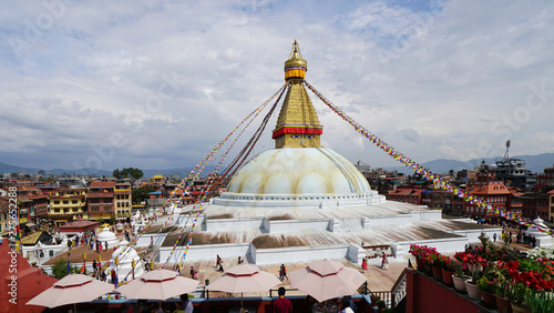 Nepal, Kathmandu. Boudhanath stupa with prayer flags