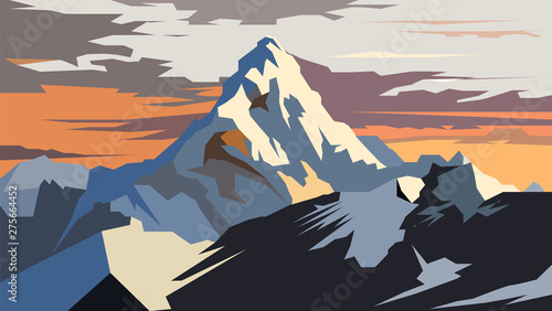 Vector drawing of the mountain peak. Highest mountain peak on the planet. Vector illustration of mountains, rocks and peaks.