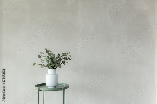 white vase and tree in white room studio , minimal style background and copy space .