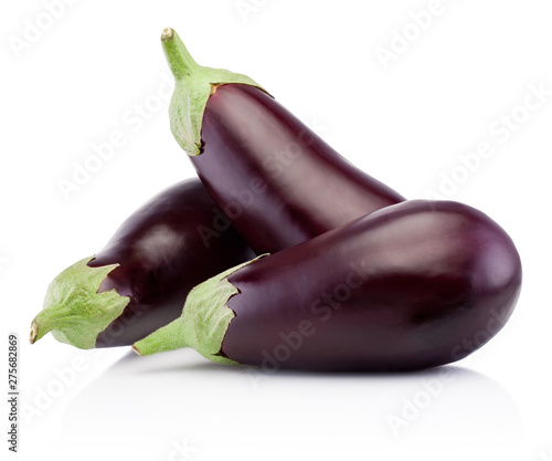 Three fresh eggplants isolated on white background