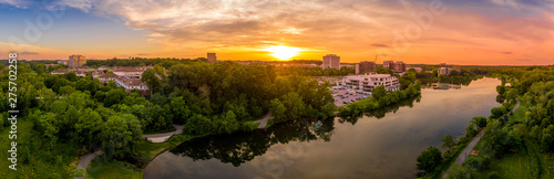 Aerial sunset panorama of Columbia Town Center in Maryland new Washington DC with office buildings and the Columbia Mall