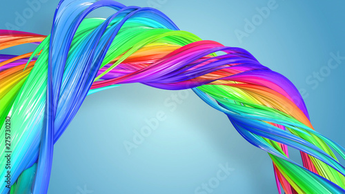 3d rendering of abstract rainbow color ribbon twisted into a circular structure on a blue background. Beautiful multicolored ribbon glitters brightly. 14