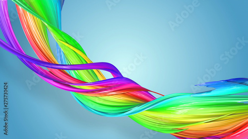 3d rendering of abstract rainbow color ribbon twisted into a circular structure on a blue background. Beautiful multicolored ribbon glitters brightly. 36