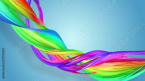 3d rendering of abstract rainbow color ribbon twisted into a circular structure on a blue background. Beautiful multicolored ribbon glitters brightly. 37