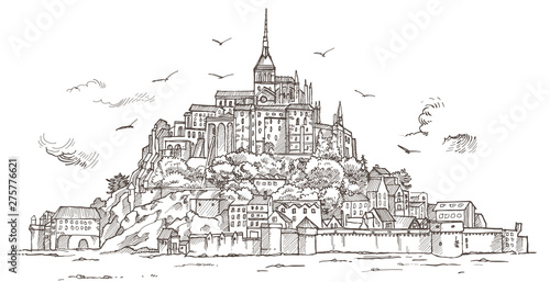 Le Mont Saint Michel ,Normandy, France. Hand drawn sketch illustration in vector
