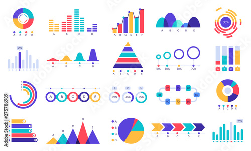 Graphic charts icons. Finance statistic chart, money revenue and profit growth graph. Business presentation graphs, website finance infographic diagram charts. Flat isolated icons vector set