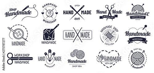 Handmade badges. Hipster craft badge, vintage workshop labels and handcraft logo. Logotype workshop, hand made craft insignia tag or authentic ink sticker. Isolated icons vector illustration set
