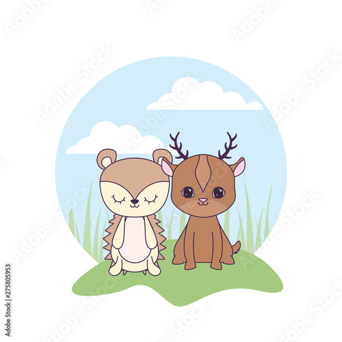 cute reindeer with porcupine animals in landscape