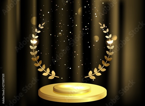 Detailed round golden laurel wreath award on velvet curtain background and stage podium.