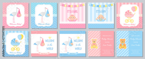 Baby Shower card. Vector. Baby boy blue invitation. Pink girl design. Welcome invite template banner. Birth party background. Set greeting posters with newborn kid, stork, pram. Cartoon illustration