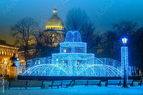 Saint-Petersburg. Russia. Luminous fountain at the Admiralty. Winter fountain. Led figure. St. Petersburg New year decor. Christmas travelling to Petersburg. New year in Russia. Winter Petersburg.