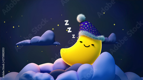 Cute sleeping moon with zzz at night. Concept of sweet lullaby theme. 3d rendering picture.