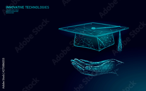 E-learning distance graduate certificate program concept. Low poly 3D render graduation cap on planet Earth World map banner template. Internet education course degree vector illustration