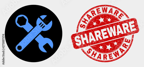 Rounded wrenches icon and Shareware watermark. Red rounded scratched watermark with Shareware text. Blue wrenches icon on black circle. Vector combination for wrenches in flat style.