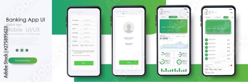 Banking App UI, UX Kit for responsive mobile app or website with different GUI layout including Login, Create Account, Profile, Transaction and Notification screens. Vector illustration