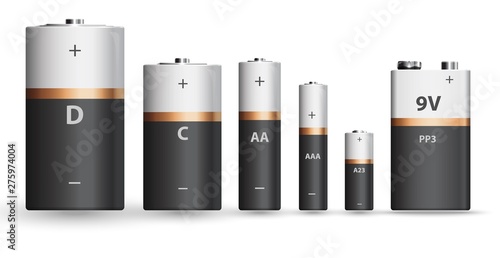 White gold and black realistic alkaline battery set, diffrent types isolated on white background. Vector illustration