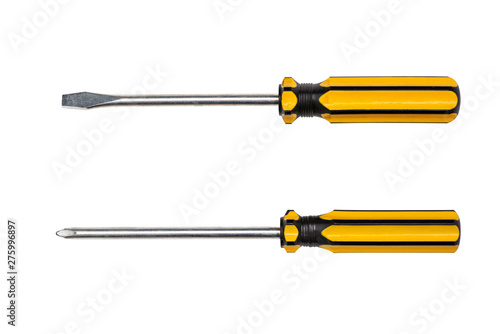 Slotted screw driver and phillips screw driver yellow colors isolated on white background