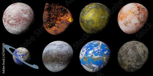 set of alien planet isolated on black background, nearby exoplanets (3d science illustration)
