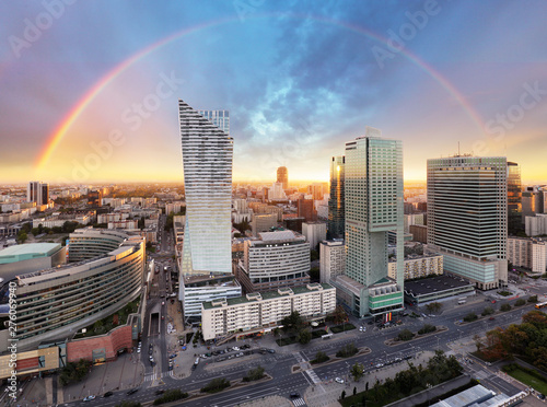 Rainbow over panorama of Warsaw, Poland, Europe
