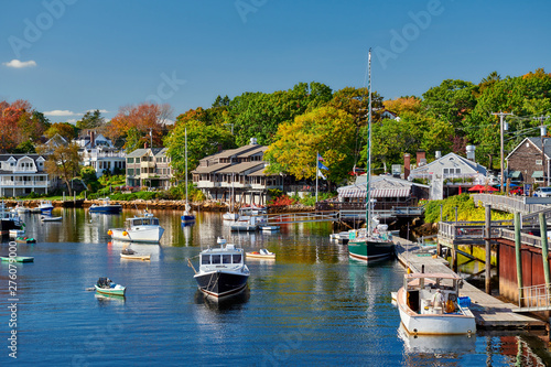 Fishing boats docked in Perkins Cove, Ogunquit, on coast of Maine south of Portland, USA