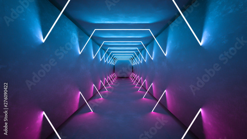 Night club interior lights 3d render for laser show. Glowing lin