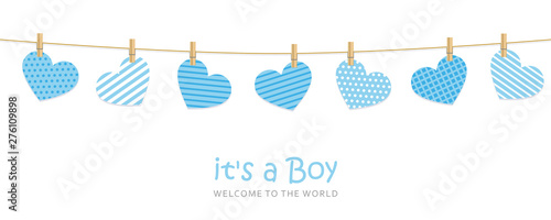 its a boy welcome greeting card for childbirth with hanging hearts vector illustration EPS10