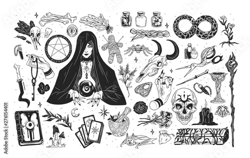 Witchcraft set - witch or enchantress and mystical items for wizardry, enchantment, astrology and clairvoyance hand drawn with black contour lines on white background. Monochrome vector illustration.