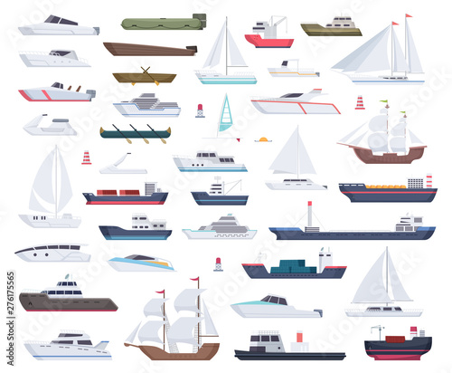 Ocean ships. Yacht sailing boats and travel big and little vessel vector cartoon collection. Illustration of speedboat and powerboat, tugboat and sailboat
