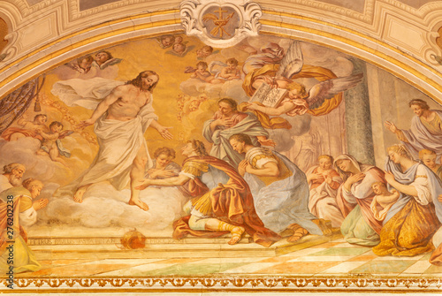 ACIREALE, ITALY - APRIL 11, 2018: The fresco of St. Sebastian before of resurrected Jesus in church Basilica Collegiata di San Sebastiano by Pietro Paolo Vasta (1732).