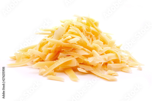 Delicious grated cheese on white background