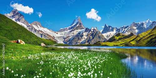 Scenic view on Bernese range above Bachalpsee lake. Popular tourist attraction. Location place Swiss alps, Grindelwald valley, Europe. 