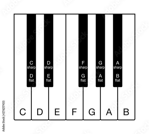 Twelve-tone chromatic scale on a keyboard. One octave of notes of the Western musical scale. Twelve keys from C to B with the names of the notes in English. Illustration on white background. Vector.