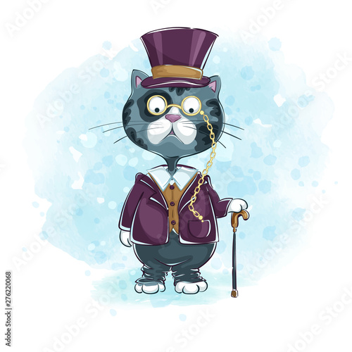 Cartoon funny gray cat gentleman in a hat-topper, chinned pince-nez, retro costume, with a cane. Vintage hand-drawn character. Background watercolor blue.