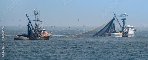 Commercial squid fishing boats work around the clock, including daylight hours, using purse seine nets as squid return to the waters of the Monterey Bay., off the coast of central California.