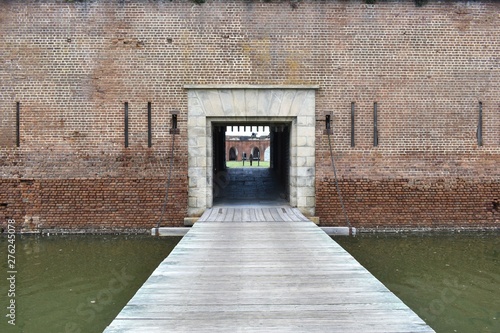 Looking down the draw bridge of a US Civil War era confederate fort.