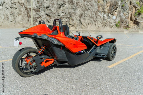 angular, three-wheeled motorbike