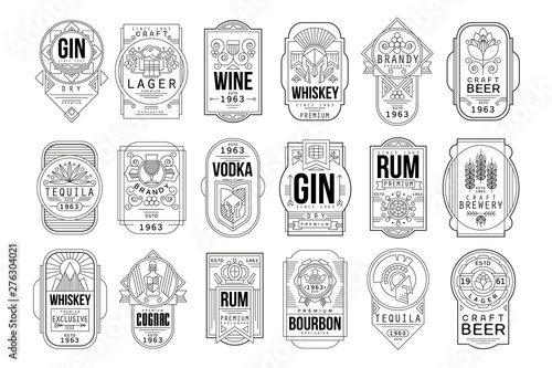 Alcohol labels set, retro alcohol industry monochrome emblem vector Illustration on a white background