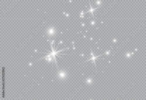 Dust white. White sparks and golden stars shine with special light. Vector sparkles on a transparent background. Christmas abstract pattern. Sparkling magical dust particles.