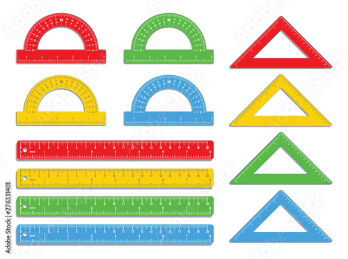 Set of realistic colorful rulers marked in inch and centimeters with colored protractors and triangles isolated on white background. Measuring tool. School supplies. Stationery. Flat icon design